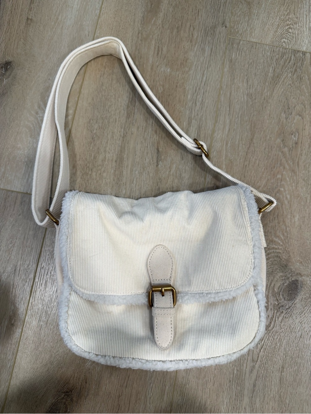 Brandy Melville Cream Corduroy Crossbody with Shearling Trim